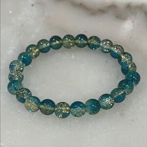 Blue Green Gold Beaded Bracelet Stretch Sparkle Glass Quartz Style Boho Minimal